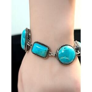 Barse Heavy Chunky 925 Sterling Silver Turquoise Chain Toggle Clasp Bracelet